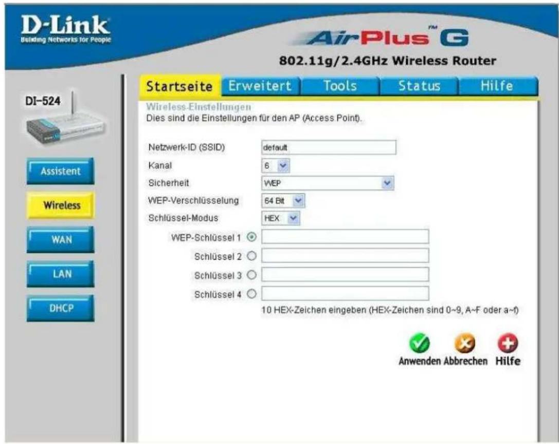 D-Link Building Networks for People 802.11g/2.4GHz Wireless Router Startseite Erweitert Tools Status Hilfe DI-524 Wireless-Einstellungen Dies sind die Einstellungen für den AP (Access Point). Netzwerk-ID (SSID) Employment default Kanal 6 Sicherheit WEP WEP-Verschlüsselung 64 Bit Schlüssel-Modus HEX WEP-Schlüssel 1 Schlüssel 2 Schlüssel 3 Schlüssel 4 10 HEX-Zeichen eingeben (HEX-Zeichen sind 0~9, A~F oder a~f) Anwenden Abbrechen Hilfe