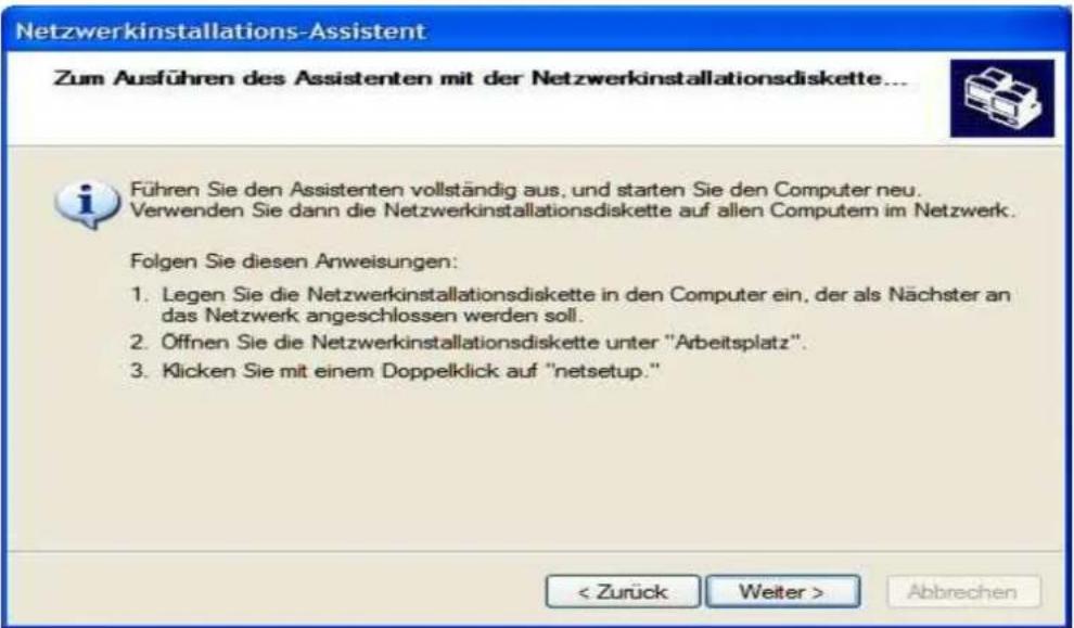 Netzwerkinstallations-Assistent Zum Ausführen des Assistenten mit der Netzwerkinstallationsdiskette... Führen Sie den Assistenten vollständig aus, und starten Sie den Computer neu. Verwenden Sie dann die Netzwerkinstallationsdiskette auf allen Computem im Netzwerk. Folgen Sie diesen Anweisungen: 1. Legen Sie die Netzwerkinstallationsdiskette in den Computer ein, der als Nächster an das Netzwerk angeschlossen werden soll. 2. Öffnen Sie die Netzwerkinstallationsdiskette unter "Arbeitsplatz". 3. Klicken Sie mit einem Doppelklick auf "netsetup." < Zurück Weiter > Abbrechen