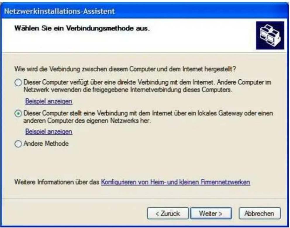 Netzwerkinstallations-Assistent Wählen Sie ein Verbindungsmethode aus. Wie wird die Verbindung zwischen diesem Computer und dem Internet hergestellt? ○ Dieser Computer verfügt über eine direkte Verbindung mit dem Internet. Andere Computer im Netzwerk verwenden die freigegebene Internetverbindung dieses Computers. Beispiel anzeigen ○ Dieser Computer stellt eine Verbindung mit dem Internet über ein lokales Gateway oder einen anderen Computer des eigenen Netzwerks her. Beispiel anzeigen ○ Andere Methode Weitere Informationen über das Konfigurieren von Heim- und kleinen Firmennetzwerken < Zurück Weiter > Abbrechen