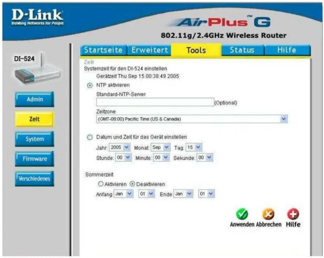 D-Link Building Networks for People AirPlus™ G 802.11g/2.4GHz Wireless Router Startseite Erweitert Tools Status Hilfe Zeit Systemzeit für den DI-524 einstellen Gerätzeit Thu Sep 15.00:38:49 2005 NTP aktivieren Standard-NTP-Server (Optional) Zeitzone (GMT-08:00) Pacific Time (US & Canada) Datum und Zeit für das Gerät einstellen Jahr: 2005 Monat: Sep Tag: 15 Stunde: 00 Minute: 00 Sekunde: 00 Sommerzeit Aktivieren Deaktivieren Anfang Jan 01 Ende Jan 01 Anwenden Abbrechen Hilfe DI-524 Admin Zeit System Firmware Verschiedenes