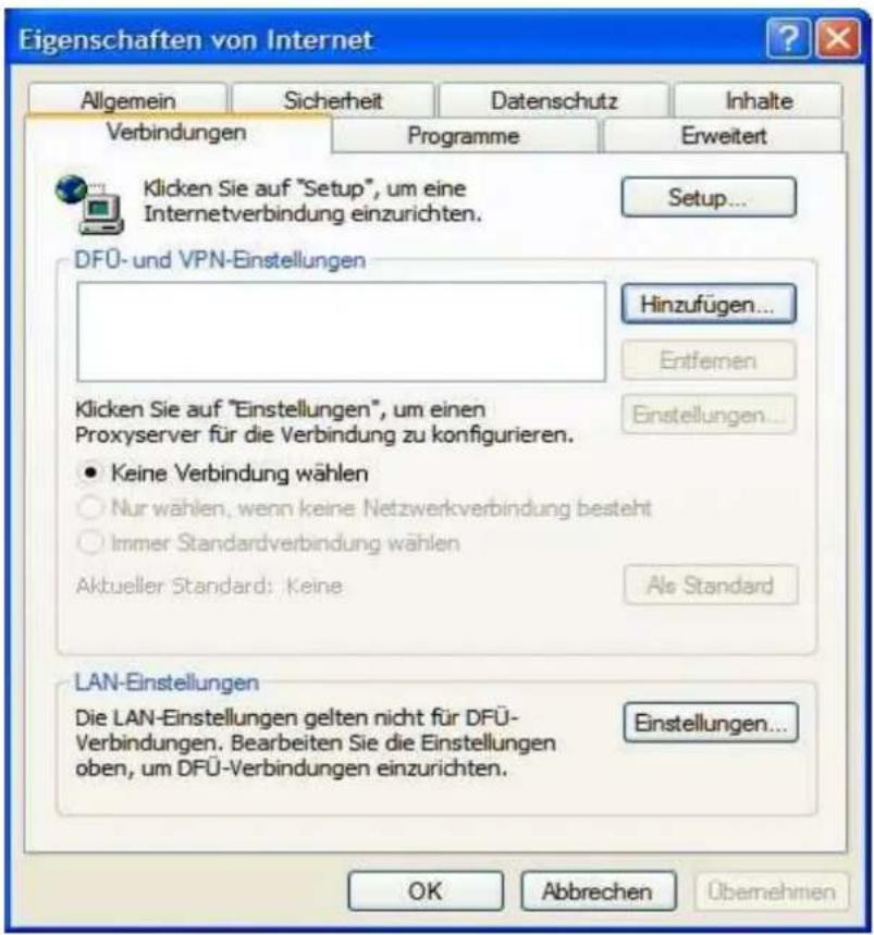 Eigenschaften von Internet Allgemein Sicherheit Datenschutz Inhalte Verbindungen Programme Erweitert Klicken Sie auf "Setup", um eine Internetverbindung einzurichten. Setup... DFÜ- und VPN-Einstellungen Hinzufügen... Entfemen Klicken Sie auf "Einstellungen", um einen Proxyserver für die Verbindung zu konfigurieren. Keine Verbindung wählen Nur wählen, wenn keine Netzwerkverbindung besteht Immer Standardverbindung wählen Aktueller Standard: Keine Als Standard LAN-Einstellungen Die LAN-Einstellungen gelten nicht für DFÜ-Verbindungen. Bearbeiten Sie die Einstellungen oben, um DFÜ-Verbindungen einzurichten. Einstellungen... OK Abbrechen Übernehmen