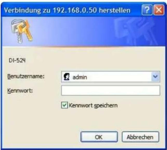 Verbindung zu 192.168.0.50 herstellen DI-524 Benutzername: admin Kennwort: Kennwort speichern OK Abbrechen