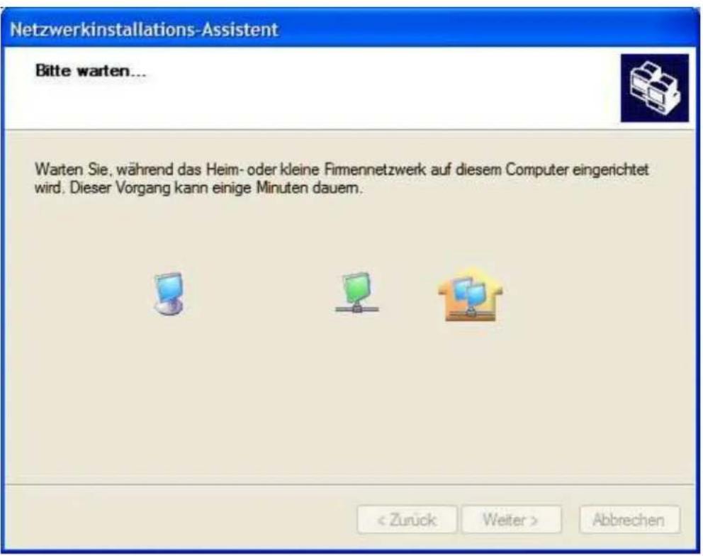 Netzwerkinstallations-Assistent Bitte warten... Warten Sie, während das Heim- oder kleine Firmennetzwerk auf diesem Computer eingerichtet wird. Dieser Vorgang kann einige Minuten dauern. < Zurück Weiter > Abbrechen