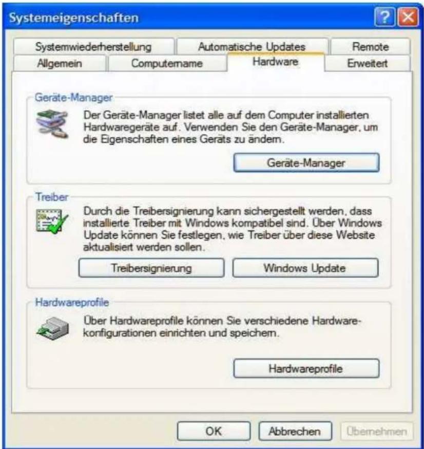Systemeigenschaften Systemwiederherstellung Automatische Updates Remote Allgemein Computemame Hardware Erweitert Geräte-Manager Der Geräte-Manager listet alle auf dem Computer installierten Hardwaregeräte auf. Verwenden Sie den Geräte-Manager, um die Eigenschaften eines Geräts zu ändem. Geräte-Manager Treiber Durch die Treibersignierung kann sichergestellt werden, dass installierte Treiber mit Windows kompatibel sind. Über Windows Update können Sie festlegen, wie Treiber über diese Website aktualisiert werden sollen. Treibersignierung Windows Update Hardwareprofile Über Hardwareprofile können Sie verschiedene Hardware- konfigurationen einrichten und speichem. Hardwareprofile OK Abbrechen Übernehmen