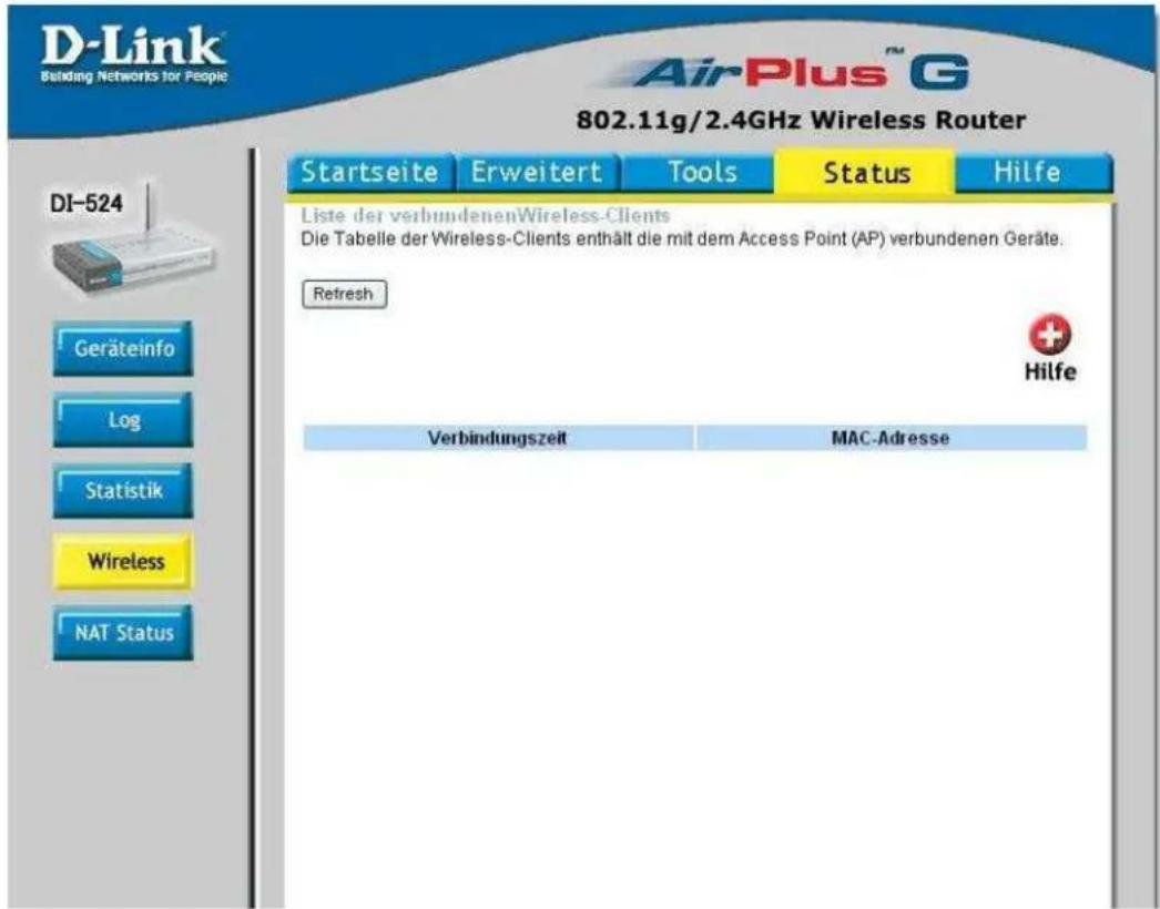 D-Link Building Networks for People AirPlus™ G 802.11g/2.4GHz Wireless Router Startseite Erweitert Tools Status Hilfe Liste der verbundenenWireless-Clients Die Tabelle der Wireless-Clients enthält die mit dem Access Point (AP) verbundenen Geräte. Refresh Verbindungszeit MAC-Adresse DI-524 Geräteinfo Log Statistik Wireless NAT Status