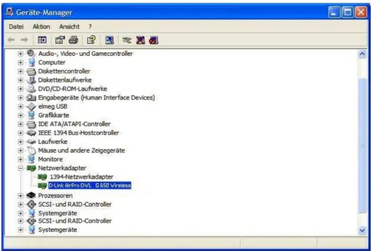 Geräte-Manager Datei Aktion Ansicht ? Audio-, Video- und Gamecontroller Computer Diskettencontroller Diskettenlaufwerke DVD/CD-ROM-Laufwerke Eingabegeräte (Human Interface Devices) elmeg USB Grafikkarte IDE ATA/ATAPI-Controller IEEE 1394 Bus-Hostcontroller Laufwerke Mäuse und andere Zeigegeräte Monitore Netzwerkadapter 1394-Netzwerkadapter D-Link AirPro DWL G 650 Wireless Prozessoren SCSI- und RAID-Controller Systemgeräte SCSI- und RAID-Controller Systemgeräte