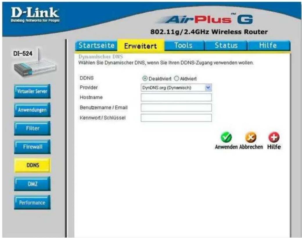 D-Link Building Networks for People AirPlus™ G 802.11g/2.4GHz Wireless Router Startseite Erweitert Tools Status Hilfe DI-524 Dynamischer DNS Wählen Sie Dynamischer DNS, wenn Sie Ihren DDNS-Zugang verwenden wollen. DDNS Deaktiviert Aktiviert Provider DynDNS.org (Dynamisch) Hostname Benutzername / Email Kennwort / Schlüssel Anwenden Abbrechen Hilfe