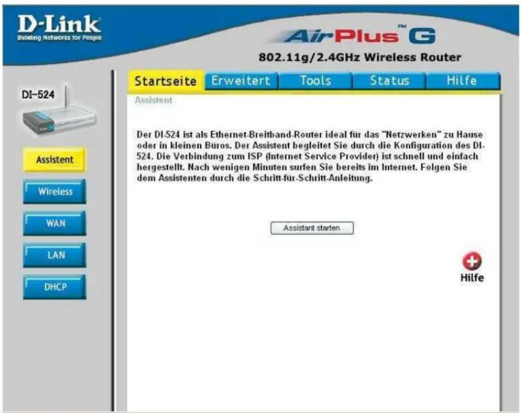 D-Link Building Networks for People AirPlus™ G 802.11g/2.4GHz Wireless Router Startseite Erweitert Tools Status Hilfe DI-524 Assistent Wireless WAN LAN DHCP Assistant Der DI-524 ist als Ethernet-Breitband-Router ideal für das "Netzwerken" zu Hause oder in kleinen Büros. Der Assistent begleitet Sie durch die Konfiguration des DI-524. Die Verbindung zum ISP (Internet Service Provider) ist schnell und einfach hergestellt. Nach wenigen Minuten surfen Sie bereits im Internet. Folgen Sie dem Assistenten durch die Schritt-für-Schritt-Anleitung. Assistant starten Hilfe