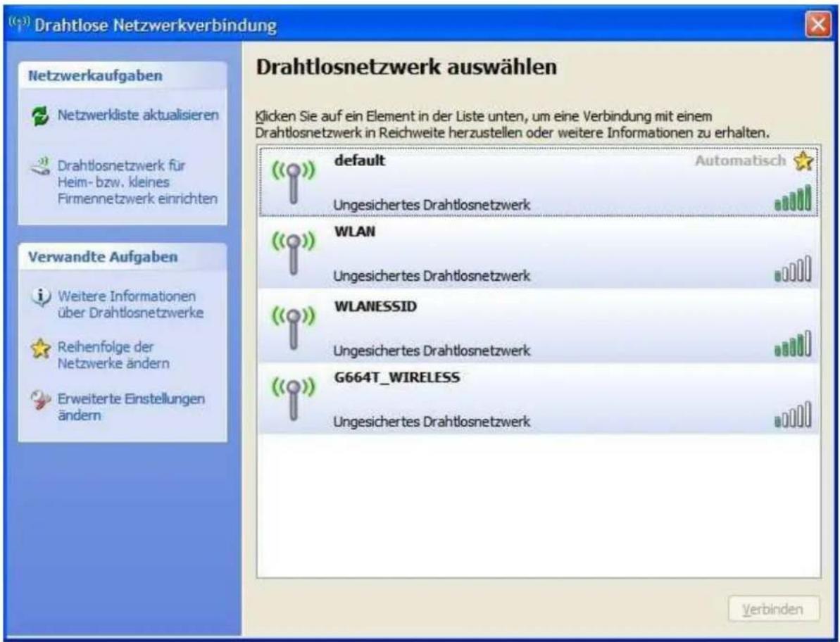(*) Drahtlose Netzwerkverbindung Netzwerkaufgaben Netzwerkliste aktualisieren Drahtlosnetzwerk für Heim- bzw. kleines Firmennetzwerk einrichten Verwandte Aufgaben i Weitere Informationen über Drahtlosnetzwerke ⭐ Reihenfolge der Netzwerke ändern Erweiterte Einstellungen ändern Drahtlosnetzwerk auswählen Klicken Sie auf ein Element in der Liste unten, um eine Verbindung mit einem Drahtlosnetzwerk in Reichweite herzustellen oder weitere Informationen zu erhalten. default Automatisch Ungesichertes Drahtlosnetzwerk WLAN Ungesichertes Drahtlosnetzwerk WLANESSID Ungesichertes Drahtlosnetzwerk G664T_WIRELESS Ungesichertes Drahtlosnetzwerk Verbinden