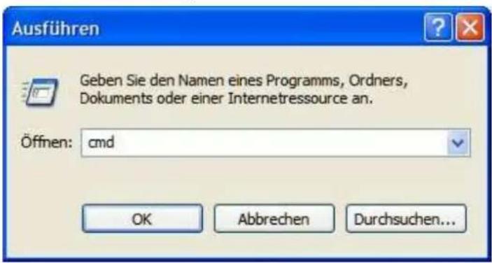 Ausführen Geben Sie den Namen eines Programms, Ordners, Dokuments oder einer Internetressource an. Öffnen: cmd OK Abbrechen Durchsuchen...