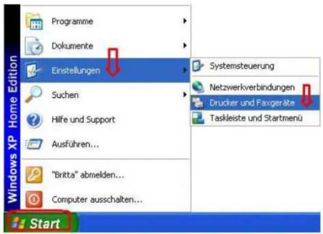 Programme Dokumente Einstellungen Suchen Hilfe und Support Ausführen... "Britta" abmelden... Computer ausschalten... Windows XP Home Edition Systemsteuerung Netzwerkverbindungen Drucker und Faxgeräte Taskleiste und Startmenü Start