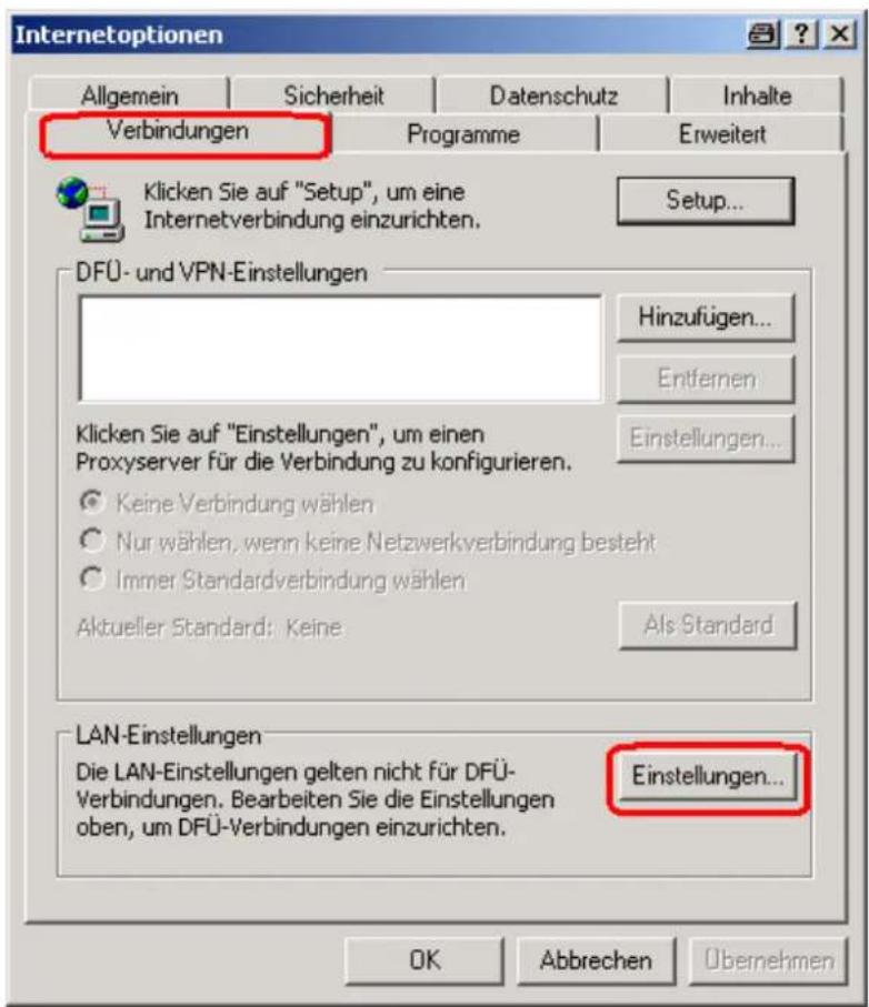 Internetoptionen Allgemein Sicherheit Datenschutz Inhalte Verbindungen Programme Erweitert Klicken Sie auf "Setup", um eine Internetverbindung einzurichten. Setup... DFÜ- und VPN-Einstellungen Hinzufügen... Entfernen Klicken Sie auf "Einstellungen", um einen Proxyserver für die Verbindung zu konfigurieren. Einstellungen... Keine Verbindung wählen Nur wählen, wenn keine Netzwerkverbindung besteht Immer Standardverbindung wählen Aktueller Standard: Keine Als Standard LAN-Einstellungen Die LAN-Einstellungen gelten nicht für DFÜ- Verbindungen. Bearbeiten Sie die Einstellungen oben, um DFÜ-Verbindungen einzurichten. Einstellungen... OK Abbrechen Overnehmen