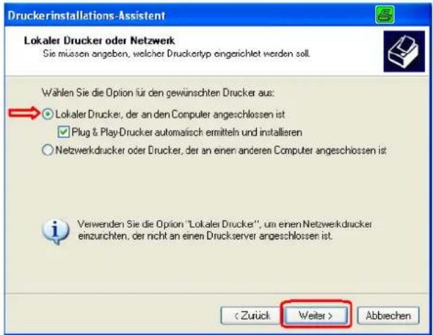 Druckerinstallations-Assistent Lokaler Drucker oder Netzwerk Sie müssen angeben, welcher Druckertyp eingerichtet werden soll. Wählen Sie die Option für den gewünschten Drucker aus: Lokaler Drucker, der an den Computer angeschlossen ist Plug & Play-Drucker automatisch ermitteln und installieren Netzwerkdrucker oder Drucker, der an einen anderen Computer angeschlossen ist Verwenden Sie die Option "Lokaler Drucker", um einen Netzwerkdrucker einzurchten, der nicht an einen Druckserver angeschlossen ist. Abbrachen