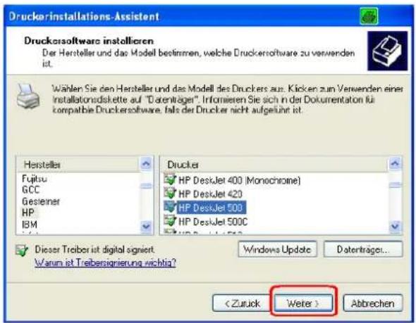 Drucker Installations-Assistent Druckersoftware installieren Der Hersteller und das Modell bestimmen, welche Druckersoftware zu verwenden ist. Wählen Sie den Hersteller und das Modell des Druckers aus: Kicken zum Verwenden einer Installationsdskette auf "Datenträgelt". Informieren Sie sich in der Dokumentaton für kompatible Druckersoftware, fals der Drucker nicht aufgeführt ist. Hersteller Fujitsu GCC Gesteiner HP IBM Drucker HP DeskJet 400 (Monochrome) HP DeskJet 420 HP DeskJet 500 HP DeskJet 500C Dieser Treiber ist digital signiert. Warum ist Treibersignierung wichtig? Windows Update Datenträgelt... Abbrechen