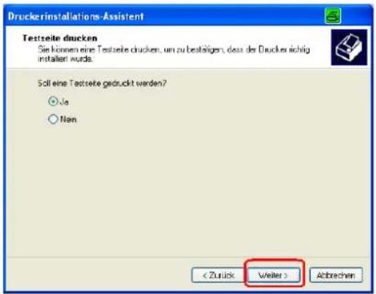 Druckerinstallations-Assistent Testseite drucken Sie können eine Testseite drucken, um zu bestätigen, dass der Drucker nichtig installiert wurde. Soll eine Testseite gedruckt werden? ○ Ja ○ Nen < Zurück Weiter > Abtrechen