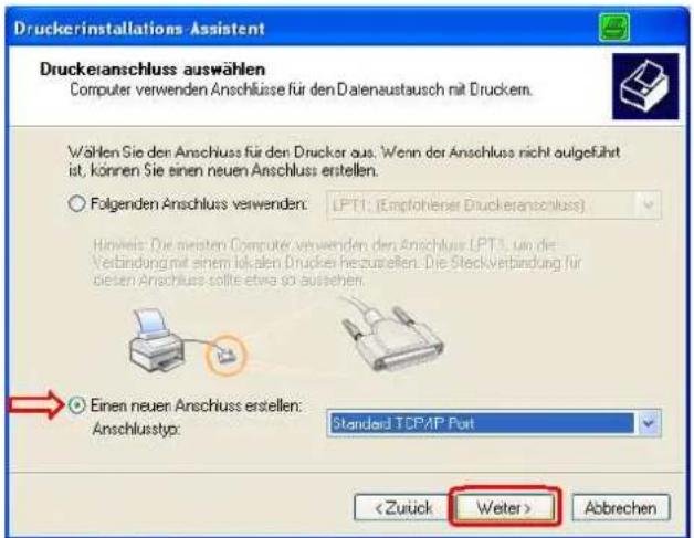 Druckerinstallations Assistent Druckeanschluss auswählen Computer verwenden Anschlüsse für den Datenaustausch mit Druckem. Wählen Sie den Anschluss für den Drucker aus. Wenn der Anschluss nicht aufgeführt ist, können Sie einen neuen Anschluss erstellen. ○ Folgenden Anschluss verwenden: LPT1: (Empfohlener Druckeranschluss) Hinweis: Die meisten Computer verwenden den Anschluss LPT1, um die Verbindung mit einem lokalen Drucker herzusellen. Die Steckverbindung für diesen Anschluss sollte etwa so aussehen. ○ Einen neuen Anschluss erstellen: Anschlusstyp: Standard TCP/IP Port Abbrechen