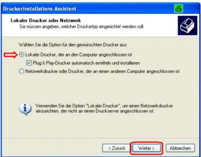 Druckerinstallations-Assistent Lokaler Drucker oder Netzwerk Sie müssen angeben, welcher Druckertyp eingerichtet werden soll. Wählen Sie die Option für den gewünschten Drucker aus: ○ Lokaler Drucker, der an den Computer angeschlossen ist ✓ Plug & Play-Drucker automatisch ermitteln und installieren ○ Netzwerkdrucker oder Drucker, der an einen anderen Computer angeschlossen ist i Verwenden Sie die Option "Lokaler Drucker", um einen Netzwerkdrucker einzurichten, der nicht an einen Druckserver angeschlossen ist. < Zurück Weiter > Abbrechen