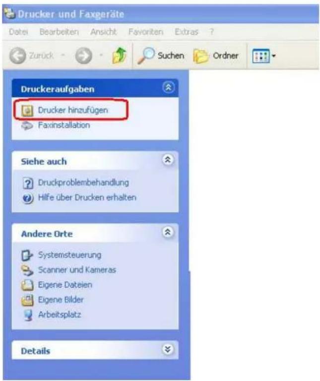Drucker und Faxgeräte Datei Bearbeiten Ansicht Favoriten Extras ? Zurück Suchen Ordner Druckeraufgaben Drucker hinzufügen Faxinstallation Siehe auch Druckproblembehandlung Hilfe über Drucken erhalten Andere Orte Systemsteuerung Scanner und Kameras Eigene Dateien Eigene Bilder Arbeitsplatz Details