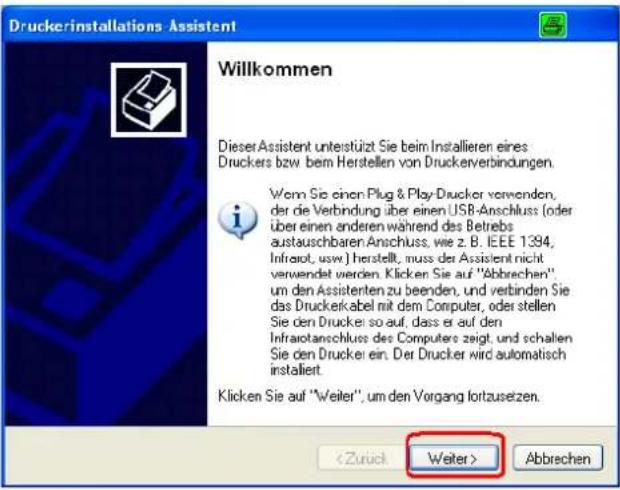 Druckerinstallations Assistent Willkommen Dieser Assistent unterstützt Sie beim Installieren eines Druckers bzw. bem Herstellen von Druckerverbindungen. Worn Sie einen Plug & Play-Drucker verwenden, der die Verbindung über einen USB-Anschluss (oder über einen anderen während des Betrebs austauschbaren Anschluss, wie z. B. IEEE 1394, Infraot, usw.) herstellt, muss der Assistent nicht verwendet werden. Klicken Sie auf "Abbrechen" um den Assistenten zu beenden, und verbinden Sie das Druckerkabel mit dem Computer, oder stellen Sie den Drucker so auf, dass er auf den Infraotanschluss des Computers zeigt, und schallen Sie den Drucker ein. Der Drucker wird automatisch instalielt. Klicken Sie auf "Weiter", um den Vorgang fortzusetzen. Abbrechen