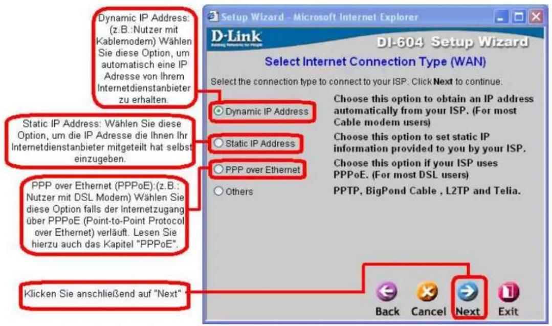 Dynamic IP Address: (z.B.: Nutzer mit Kablemodem) Wählen Sie diese Option, um automatisch eine IP Adresse von Ihrem Internetdienstanbieter zu erhalten. Static IP Address: Wählen Sie diese Option, um die IP Adresse die Ihnen Ihr Internetdienstanbieter mitgeteilt hat selbst einzugeben. PPP over Ethernet (PPPoE): (z.B.: Nutzer mit DSL Modem) Wählen Sie diese Option falls der Internetzugang über PPPoE (Point-to-Point Protocol over Ethernet) verläuft. Lesen Sie hierzu auch das Kapitel "PPPoE". Klicken Sie anschließend auf "Next" Design Wizard - Microsoft Internet Explorer DI-604 Setup Wizard Select Internet Connection Type (WAN) Select the connection type to connect to your ISP. Click Next to continue. Dynamic IP Address Static IP Address PPP over Ethernet Others Choose this option to obtain an IP address automatically from your ISP. (For most Cable modem users) Choose this option to set static IP information provided to you by your ISP. Choose this option if your ISP uses PPPoE. (For most DSL users) PPTP, BigPond Cable , L2TP and Telia. Back Cancel Next Exit