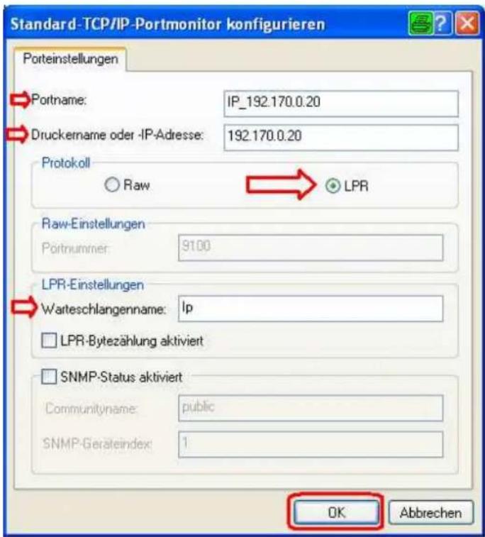 Standard-TCP/IP-Portmonitor konfigurieren Porteinstellungen Portname: IP_192.170.0.20 Druckername oder -IP-Adresse: 192.170.0.20 Protokoll Raw LPR Raw-Einstellungen Portnummer: 9100 LPR-Einstellungen Warteschlangenname: Ip LPR-Bytezahlung aktiviert SNMP-Status aktiviert Communityname: public SNMP-Geräteindex: 1 OK Abbrechen