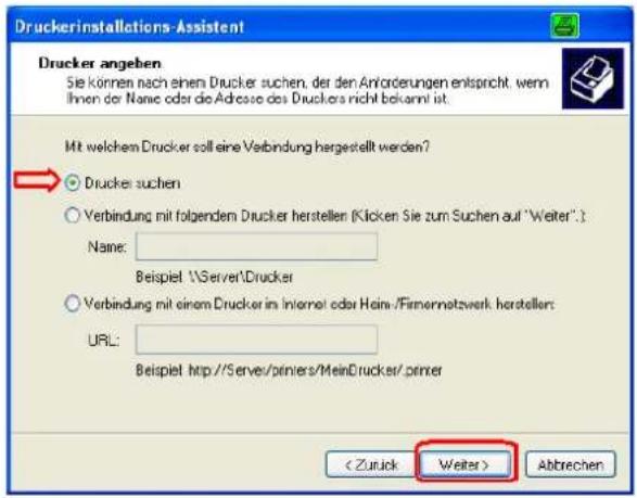 Drucker installations-Assistent Drucker angeben Sie können nach einen Drucker suchen, der den Anforderungen entspricht, wenn Ihnen der Name oder die Adresse des Druckers nicht bekannt ist. Mit welchem Drucker soll eine Verbindung hergestellt werden? Drucker suchen Verbindung mit folgendem Drucker herstellen (Klicken Sie zum Suchen auf "Weiter"). Name: Beispiel:\Server\Drucker Verbindung mit einem Drucker im Internet oder Haim-/Firmernetwork herstellen: URL: Beispiel: http://Server/printers/MeinDrucker/primer Abbrechen