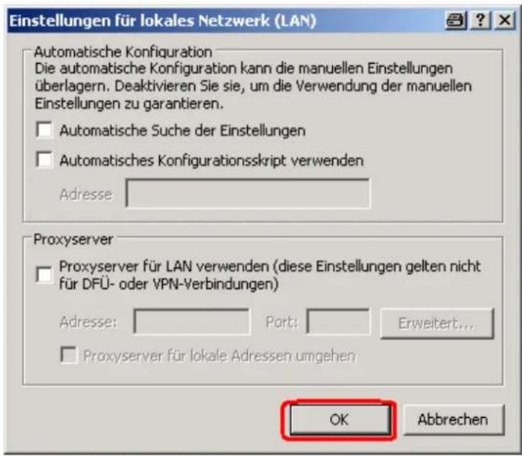 Einstellungen für lokales Netzwerk (LAN) Automatische Konfiguration Die automatische Konfiguration kann die manuellen Einstellungen überlagern. Deaktivieren Sie sie, um die Verwendung der manuellen Einstellungen zu garantieren. □ Automatische Suche der Einstellungen □ Automatisches Konfigurationskript verwenden Adresse Proxyserver □ Proxyserver für LAN verwenden (diese Einstellungen gelten nicht für DFÜ- oder VPN-Verbindungen) Adresse: Port: Erweitert... □ Proxyserver für lokale Adressen umgehen OK Abbrechen