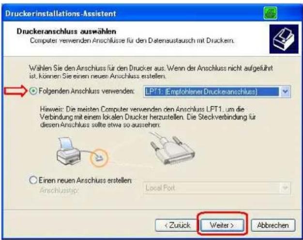 Druckerinstallations-Assistent Druckeranschluss auswählen Computer verwenden Anschlüsse für den Datenaustausch mit Druckern. Wählen Sie den Anschluss für den Drucker aus. Wenn der Anschluss nicht aufgeführt ist. Können Sie einen neuen Anschluss erstellen. ○ Folgenden Anschluss verwenden: LPT1: (Emplohlener Druckeanschluss) Hinweis: Die meisten Computer verwenden den Anschluss LPT1, um die Verbindung mit einem lokalen Drucker herzustellen. Die Steckverbindung für diesen Anschluss sollte etwa so ausstehen. ○ Einen neuen Anschluss erstellen Anschlusstop: Local Port < Zulück Weiter > Abbrechen