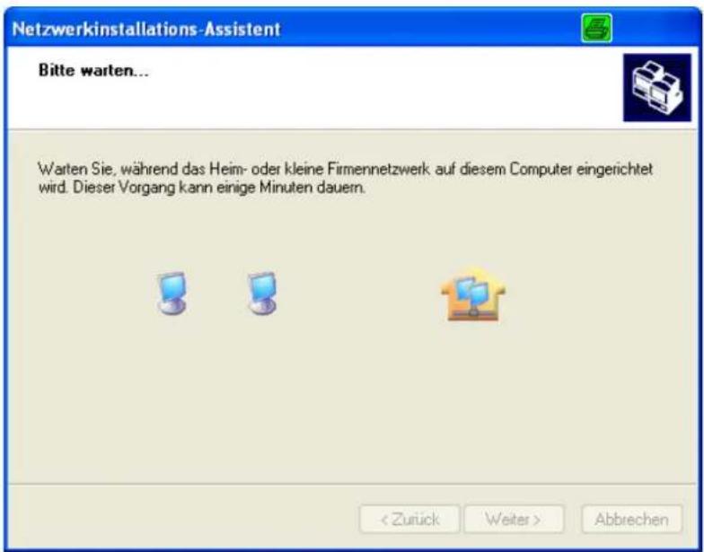 Netzwerkinstallations-Assistent Bitte warten... Warten Sie, während das Heim- oder kleine Firmennetzwerk auf diesem Computer eingerichtet wird. Dieser Vorgang kann einige Minuten dauern. < Zurück Weiter > Abbrechen