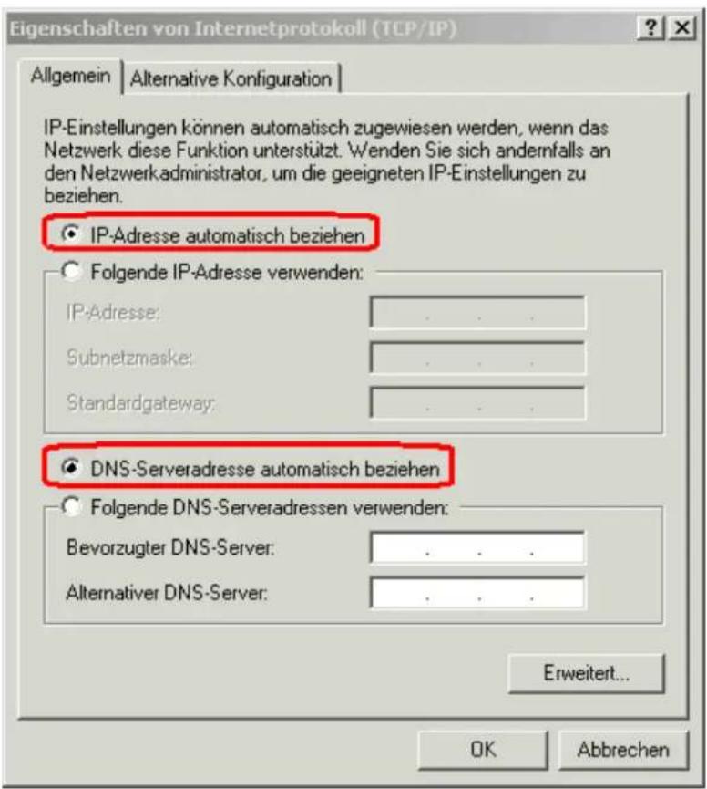 Eigenschaften von Internetprotokoll (TCP/IP) Allgemein | Alternative Konfiguration | IP-Einstellungen können automatisch zugewiesen werden, wenn das Netzwerk diese Funktion unterstützt. Wenden Sie sich andernfalls an den Netzwerkadministrator, um die geeigneten IP-Einstellungen zu beziehen. IP-Adresse automatisch beziehen Folgende IP-Adresse verwenden: IP-Adresse: .... Subnetzmaske: .... Standardgateway: .... DNS-Serveradresse automatisch beziehen Folgende DNS-Serveradressen verwenden: Bevorzugter DNS-Server: .... Alternativer DNS-Server: .... Erweitert... OK Abbrechen