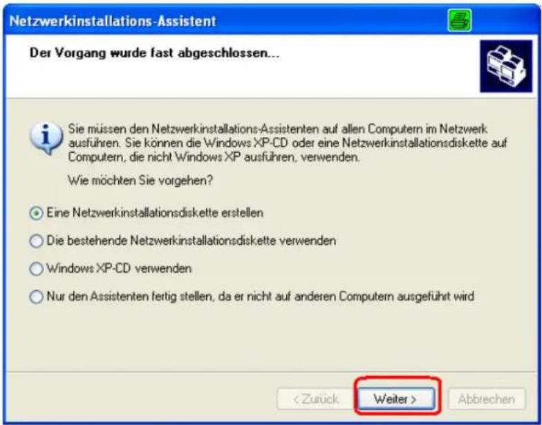 Netzwerkinstallations-Assistent Der Vorgang wurde fast abgeschlossen... Sie müssen den Netzwerkinstallations-Assistenten auf allen Computern im Netzwerk ausführen. Sie können die Windows XP-CD oder eine Netzwerkinstallationsdiskette auf Computern, die nicht Windows XP ausführen, verwenden. Wie möchten Sie vorgehen? ○ Eine Netzwerkinstallationsdiskette erstellen ○ Die bestehende Netzwerkinstallationsdiskette verwenden ○ Windows XP-CD verwenden ○ Nur den Assistenten fertig stellen, da er nicht auf anderen Computern ausgeführt wird < Zurück Weiter > Abbrechen
