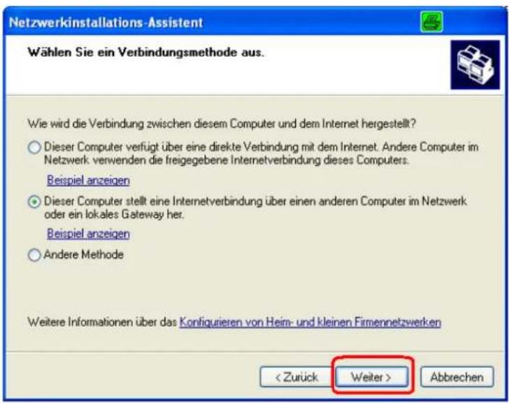 Netzwerkinstallations-Assistent Wählen Sie ein Verbindungsmethode aus. Wie wird die Verbindung zwischen diesem Computer und dem Internet hergestellt? ○ Dieser Computer verfügt über eine direkte Verbindung mit dem Internet. Andere Computer im Netzwerk verwenden die freigegebene Internetverbindung dieses Computers. Beispiel anzeigen ○ Dieser Computer stellt eine Internetverbindung über einen anderen Computer im Netzwerk oder ein lokales Gateway her. Beispiel anzeigen ○ Andere Methode Weitere Informationen über das Konfigurieren von Heim- und kleinen Firmennetzwerken < Zurück Weiter > Abbrechen