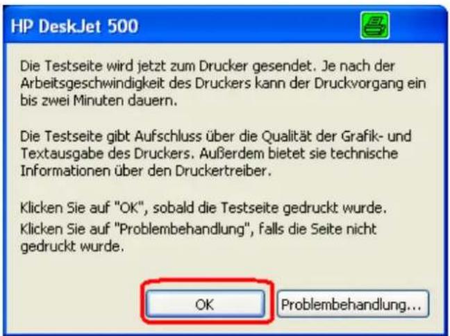 HP DeskJet 500 Die Testseite wird jetzt zum Drucker gesendet. Je nach der Arbeitsgeschwindigkeit des Druckers kann der Druckvorgang ein bis zwei Minuten dauern. Die Testseite gibt Aufschluss über die Qualität der Grafik- und Textausgabe des Druckers. Außerdem bietet sie technische Informationen über den Druckertreiber. Klicken Sie auf "OK", sobald die Testseite gedruckt wurde. Klicken Sie auf "Problembehandlung", falls die Seite nicht gedruckt wurde. OK Problembehandlung...