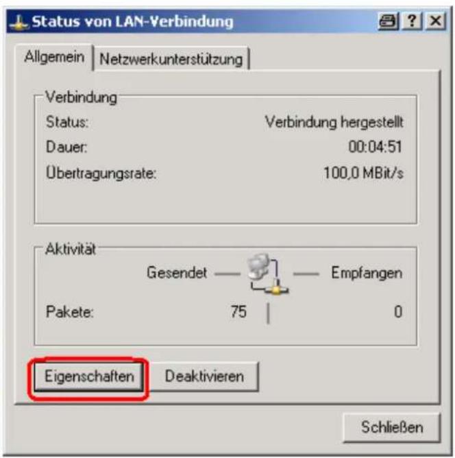 Status von LAN-Verbindung Allgemein | Netzwerkunterstützung | Verbindung Status: Verbindung hergestellt Dauer: 00:04:51 Übertragungsrate: 100,0 MBit/s Aktivität Gesendet — Empfangen Pakete: 75 0 Eigenschaften Deaktivieren Schließen