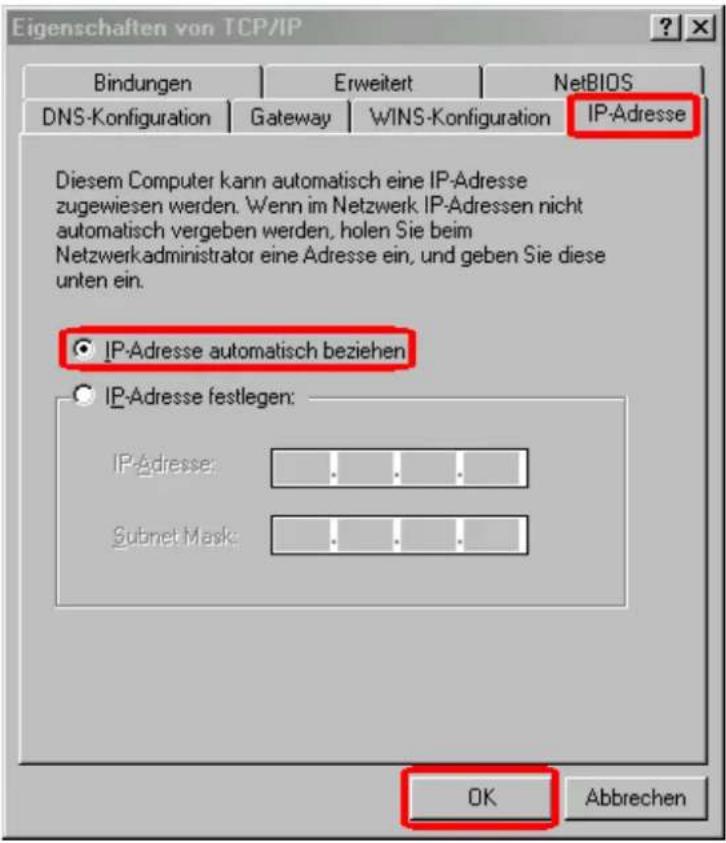 Eigenschaften von TCP/IP Bindungen Erweitert NetBIOS DNS-Konfiguration Gateway WINS-Konfiguration IP-Adresse Diesem Computer kann automatisch eine IP-Adresse zugewiesen werden. Wenn im Netzwerk IP-Adressen nicht automatisch vergeben werden, holen Sie beim Netzwerkadministrator eine Adresse ein, und geben Sie diese unten ein. IP-Adresse automatisch beziehen IP-Adresse festlegen: IP-Adresse: . Subnet Mask: . OK Abbrechen