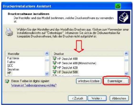 Druckerinstallations Assistant Druckersoftware installieren Der Hersteller und das Modell bestimmen, welche Druckersoftware zu verwenden at. Wählen Sie den Hersteller und das Modell des Druckers aus: Klicken zum Verwenden einer Installationsdiskelts auf "Detentrager". Informieren Sie sich in der Dokumentation für kompatible Druckersoftware, falls der Drucker nicht aufgeführt ist. Hersteller Fuj Xerox Fujitsu GCC Gesetnes HP Drucker HP DeskJet 400 HP DeskJet 400 (Monochrome) HP DeskJet 420 HP DeskJet 500 Diese Treiber ist digital signiert. Worum ist Treibersignierung wichtig? Windows Update Datenträger... Abbrechen