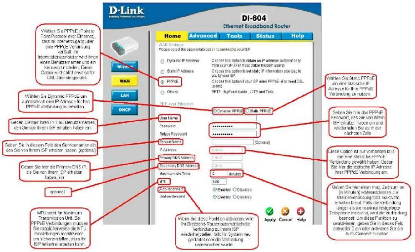 D-Link Building Networks for Projects DI-604 Ethernet Broadband Router Wahlen Sie PPPoE (Point to Point Protocol over Ethernet), falls Ihr Internetzugang über eine PPPoE Verbindung verläuft. Ihr Internetdienstanblister wird ihnen einen Benutzernamen und ein Kennwort mitbellen. Diese Option wird öblicherweise für DSL-Dienste genutzt. Wahlen Sie Dynamic PPPoE um automatisch eine IP Adresse für Ihre PPPoE Verbindung zu erhalten. Geben Sie hier Ihren PPPoE Benutzernamen den Sie von Ihrem ISP erhalten haben ein. Geben Sie in diesem Feld den Servicenamen ein den Sie von Ihrem ISP erhalten haben. (optional) Geben Sie hier die Primary DNS IP, die Sie von Ihrem ISP erhalten haben, ein optional MTU steht für Maximum Transmission Unit. Bei PPPoE Verbindungen müssen Sie möglicherweise die MTU Einstellungen modifizieren, um sicherzustellen, dass Ihr ISP fehlerfrei arbeiten kann. WHEN Sie diese Funktion aktivieren, wird Ihr Breitband-Router automatisch die Verbindung zu Ihrem ISP wederherstellen, falls Ihr System neu gestartet oder die Verbindung unterbrachen wurde. PPPoE Others PPP ever Ethernet User Name Password Rtype Password Service Name IP Address Primary DNS Address Secondary DNS Address Maximum Idle Time MTU Auto-reconnect Dial-on demand Dynamic PPPoE Static PPPoE ********** (Optional) 000.0 000.0 000.0 0 Minutes 1492 Enabled Disabled Enabled Disabled Wahlen Sie Static PPPoE um eine statische IP Adresse für Ihre PPPoE Verbindung zu nutzen. Geben Sie hier das PPPoE Kennwort, das Sie von Ihrem ISP erhalten haben ein und wiederholen Sie es in der nachsten Zeile. Diese Option ist nur vorhanden falls Sie eine statische PPPoE Verbindung gewählt haben. Geben Sie hier die statische IP Adresse Ihrer PPPoE Verbindung ein. Geben Sie hier einen max. Zeitraum an (in Minuten) währenddessen die Internetverbindung trotz Inaktivitac emalten bleibt. Falls die Verbindung länger als die maximal festgelegte Zeitspanne inalovist, wird die Verbindung beendet. Um diese Funktion zu dealvieren, geben Sie in dieses Feld entweder 0 ein oder aktivieren Sie die Auto-Connect Function. Apply Cancel Help