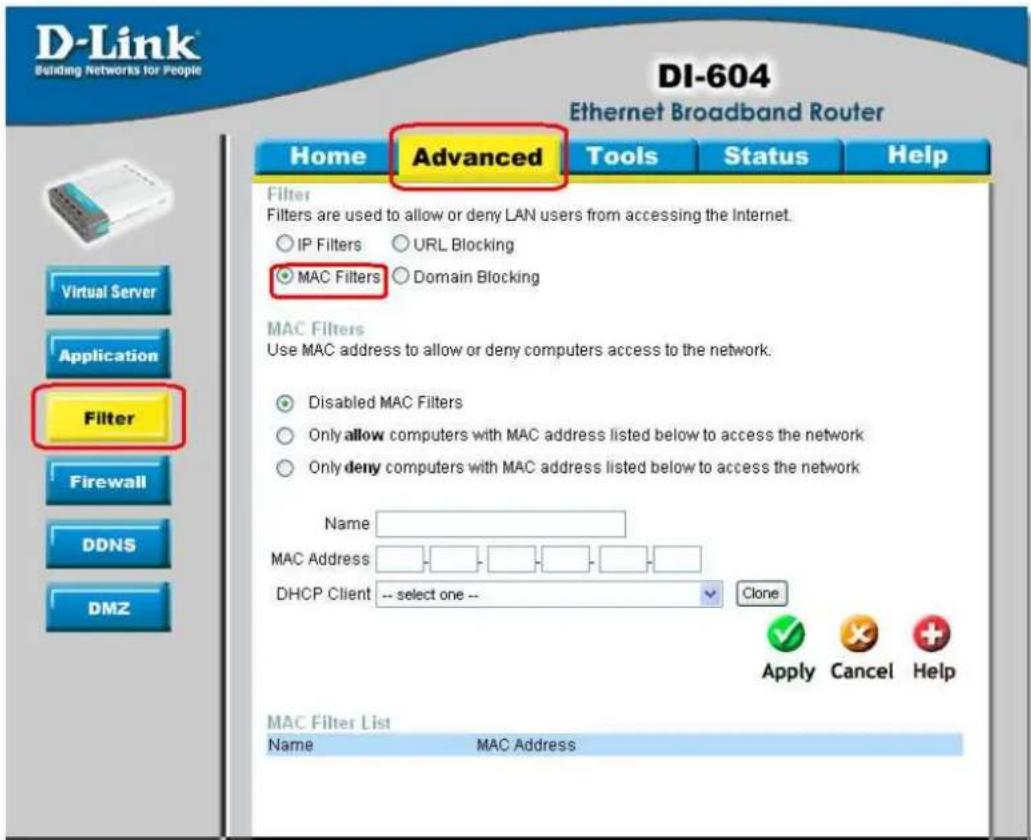 D-LINK DI-604 - ADVANCED > FILTER > MAC FILTERS - 1