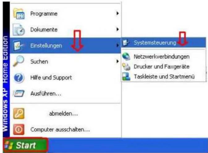 Programme Dokumente Einstellungen Suchen Hilfe und Support Ausführen... abmelden... Computer ausschalten... Windows XP Home Edition Systemsteuerung Netzwerkverbindungen Drucker und Faxgeräte Taskleiste und Startmenü Start