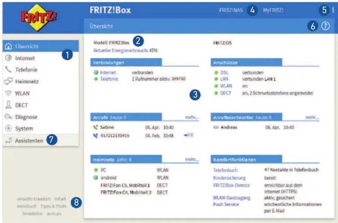 FRITZ!Box FRITZ!NAS 4 MyFRITZ! Übersicht 1 2 3 Modell: FRITZ!Box Aktueller Energieverbrauch: 41% Verbindungen Internet verbunden Telefonie 1 Rufnummer aktiv: 399760 Anschlüsse DSL verbunden LAN verbunden LAN 1 WLAN an DECT an, 2 Schnurlostelefone angemeldet Anrufe: heute: 0 mehr... Sabine 06. Apr. 10:40 017212131415 04. Feb. 10:48 Anrufbeantworter heute: 0 mehr... Andreas 06. Apr. 10:40 Heimnetz: aktiv: 4 mehr... PC WLAN android WLAN FRITZ!Fon CS, Mobilteil 1 DECT FRITZ!Fon C4, Mobilteil 2 DECT Komfortfunktionen Telefonbuch 47 Kontakte in Telefonbuch Kindersicherung bereit FRITZ!Box-Dienste erreichbar aus dem Internet (HTTPS) WLAN-Gastzugang aktiv, gesichert Push Service wöchentliche Informationen per E-Mail Ansicht: Erwesert Inhalt Handbuch Tages & Triks Newsletter avm.de