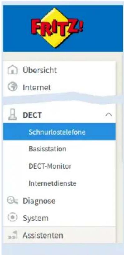 FRITZ! Übersicht Internet DECT Schnurlostelefone Basisstation DECT-Monitor Internetdienste Diagnose System Assistenten