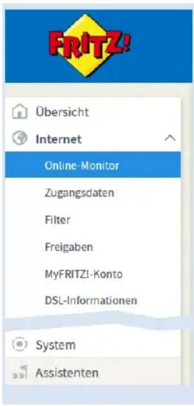 FRITZ! Übersicht Internet Online-Monitor Zugangsdaten Filter Freigaben MyFRITZ!-Konto DSL-Informationen System Assistenten