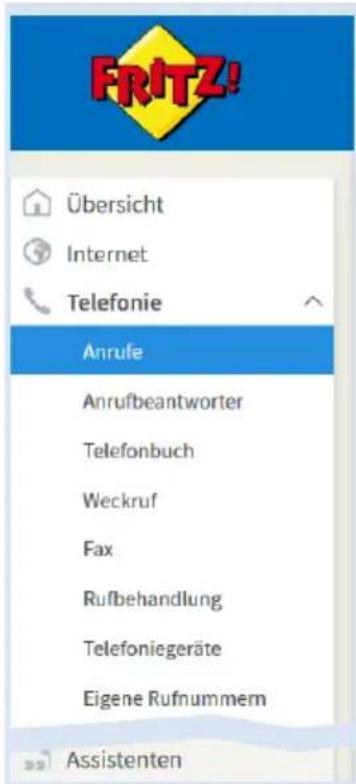 FRITZ! Übersicht Internet Telefonie Anrufe Anrufbeantworter Telefonbuch Weckruf Fax Rufbehandlung Telefoniegeräte Eigene Rufnummern Assistenten