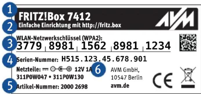 FRITZ!Box 7412 Einfache Einrichtung mit http://fritz.box WLAN-Netzwerkschlüssel (WPA2): 3779 | 8981 | 1562 | 8981 | 1234 Serien-Nummer: H515.123.45.678.901 Netzteile: = - + 12V 1A 6 311POW047 • 311POW130 Artikel-Nummer: 2000 2698 AVM GmbH, 10547 Berlin avm.de