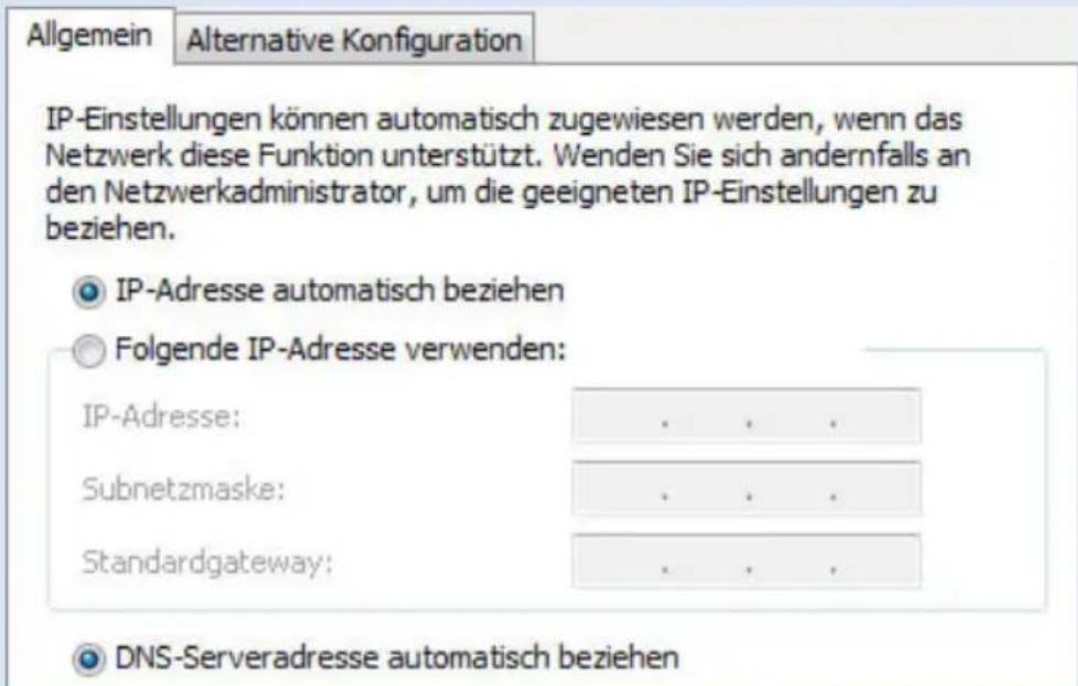 Allgemein Alternative Konfiguration IP-Einstellungen können automatisch zugewiesen werden, wenn das Netzwerk diese Funktion unterstützt. Wenden Sie sich andernfalls an den Netzwerkadministrator, um die geeigneten IP-Einstellungen zu beziehen. IP-Adresse automatisch beziehen Folgende IP-Adresse verwenden: IP-Adresse: . . . . Subnetzmaske: . . . . Standardgateway: . . . . DNS-Serveradresse automatisch beziehen