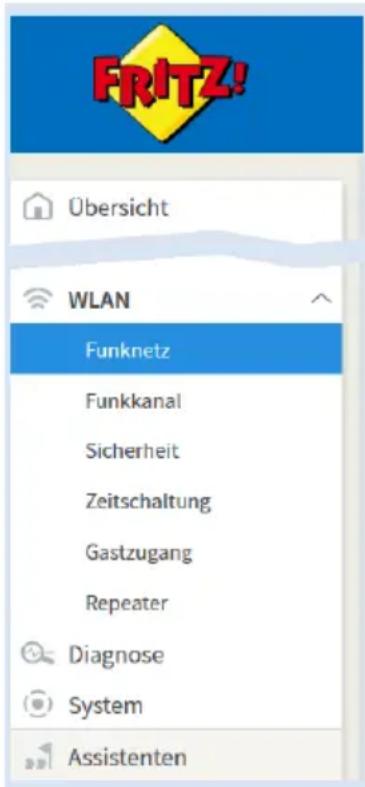 FRITZ! Übersicht WLAN Funknetz Funkkanal Sicherheit Zeitschaltung Gastzugang Repeater Diagnose System Assistenten