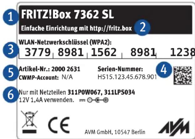AVM FRITZ!Box 7362 SL - Gerätedaten auf dem Typenschild - 1