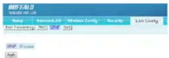 BUFFALD WEEK ARP.CN Setup Internet/LAN Wheelers Config Security LAN Config Start Transcording USB USB CAS JFHP IP User Apply