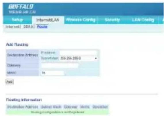 BOFFALO WELLAR.JFK.CU Setup IntermetLAN Wireless Config Security LAN Config Internet 2013 Route Add Floating Accession Address Address Saturation 256-256-256.0 Category: Subnet: 1x Used Floating Information Distribution Address Outlet Pack-Gateware-Maths-Operation Routing Configuration x with grid load