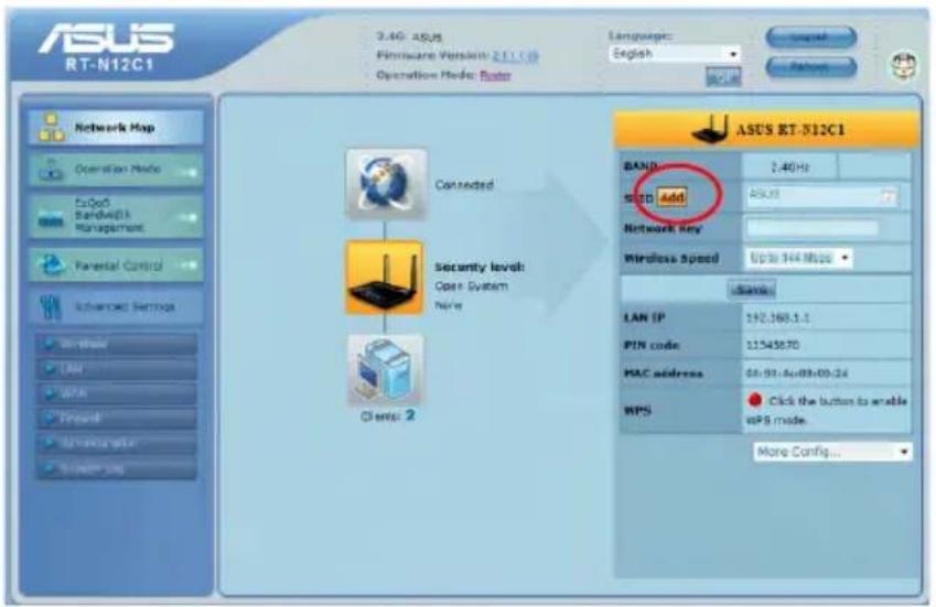 ASUS RT-N12C1 3.4G: ASUS Firmware Version 2.1.1.0 Operation Mode: Router Language: English Network Map Operation Mode EcoQoB Bandwidth Management Parental Control Advanced Services Class: 2 Connected Security level: Open System Note Class: 2 ASUS RT-N12C1 BAND: 2.4GHz SICID Add: ASXJ Network Key Wireless Speed: UPS 344 MHz License: LAN IP: 192.168.1.5 PIN code: 11545670 MAC address: 0x09-4x09-09-24 RPS: Click the button to enable WPS mode. More Config...